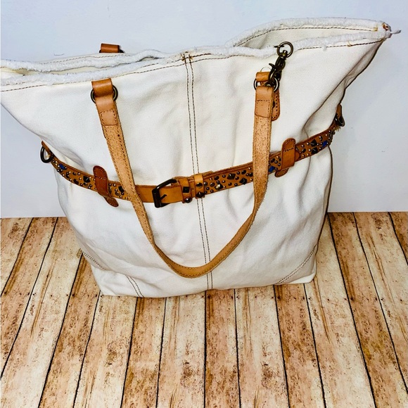 LUCKY BRAND Studs Belted Ivory 100% Cotton Large Tote Bag - Picture 1 of 6